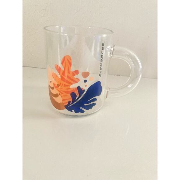 VTG 2000 Starbucks Glass Mug Cup Orange Blue Leaves 12oz - Picture 2 of 4